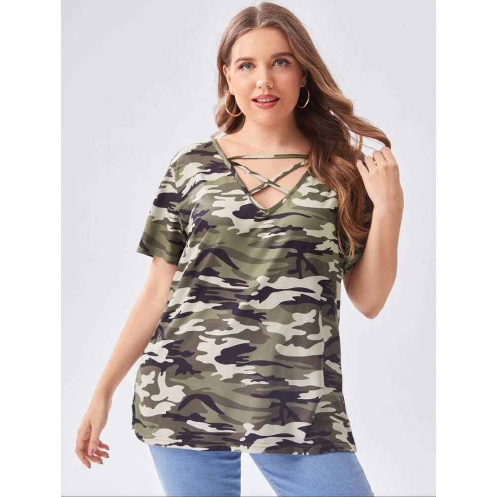 Shein plus camo criss cross top